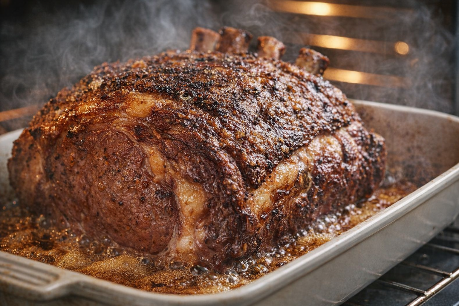A close-up shot of a standing rib roast being seared in the oven at high heat. Focus on the bubbling fat and browning crust.